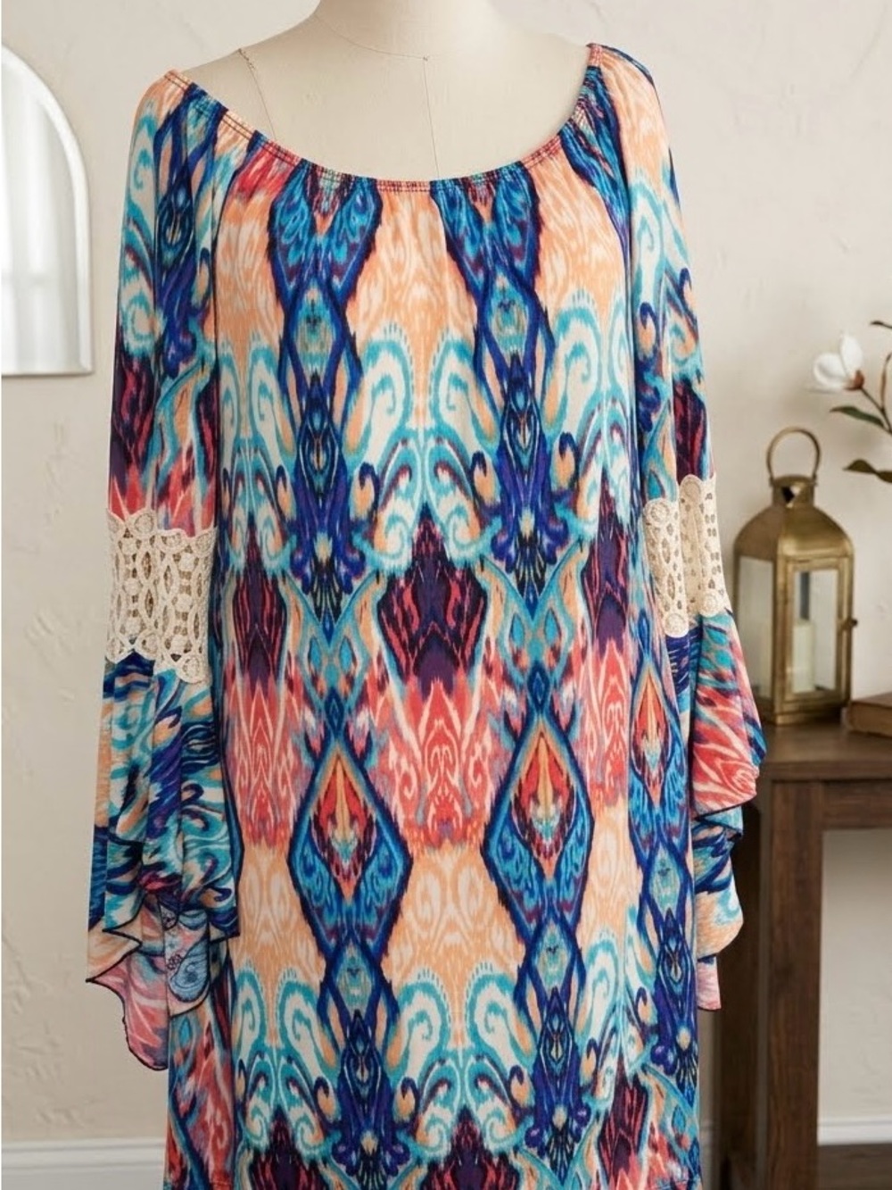 NWT! Boho Crochet-Sleeve Off-Shoulder Dress- Multicolor